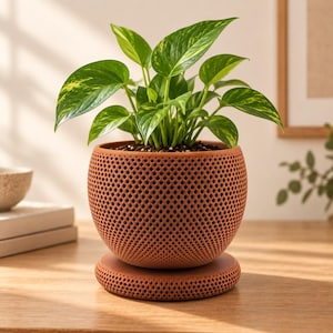 Op de afbeelding: Een terracotta-kleurige, bolvormige plantenpot met een fijne, herhalende ruitvormige roostertextuur. De pot staat op een bijpassende ronde voet en bevat een levendige groene pothosplant met gevlekte, hartvormige bladeren in geel en groen.