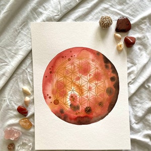 TraumMond mit Blume des Lebens Aquarell Original Rot Gold Boho Hippie Fantasy Yoga Einzelstück