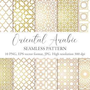 May include: Set of 10 digital seamless patterns featuring intricate geometric designs in gold on a white background. The patterns are inspired by traditional Arabic and Oriental art.  Oriental Arabic Seamless Pattern. 10 PNG, EPS vector format, JPG. High resolution 300 dpi