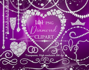 Könnte beinhalten: Digitales Clipart mit Diamant-Designs auf lila Hintergrund. Das Bild enthält ein Herz, eine Krone, ein Sektglas und Schmuckelemente. Der Text lautet "101 PNG Diamond Clipart".