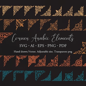 May include: A collection of decorative corner elements featuring intricate scrollwork and geometric patterns in gold, orange, and teal colours. The text reads Corner Arabic Elements, SVG - AI - EPS - PNG - PDF, Hand drawn. Vector. Adjustable size. Transparent png.