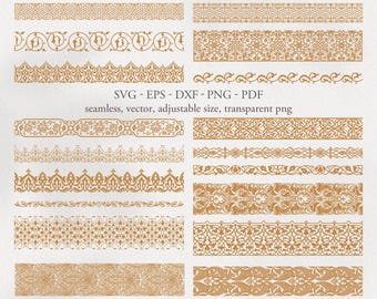 May include: A set of 10 gold decorative borders featuring intricate floral and geometric patterns. These seamless vector borders are ideal for adding a touch of elegance to your designs.