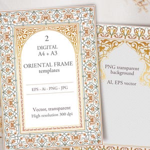 May include: Two digital Oriental frame templates. The frames feature intricate floral and geometric designs in gold, beige, and teal on a white background. Text includes "DIGITAL A4 + A3" and "ORIENTAL FRAME templates". The frames are vector and transparent.