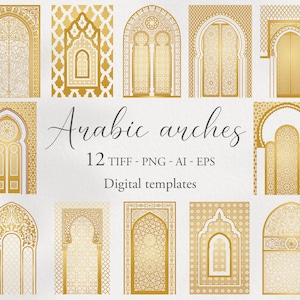 Arabic golden arches bundle. Arabian ornament. Digital clipart. 12 EPS, TIFF, PNG transparent. Oriental Templates for cards, invitations