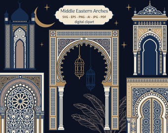 Middle Eastern digital arches bundle. Indian, Moroccan ornament. Arabian doors SVG PNG. Set of colored oriental arches