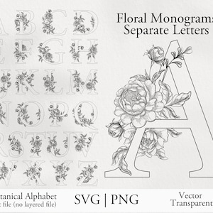 May include: A digital collection of black and white floral monograms featuring the letters A through Z. Each letter is decorated with detailed botanical illustrations of peonies and leaves. The text reads Floral Monograms Separate Letters, Botanical Alphabet, SVG, PNG, and Vector Transparent.