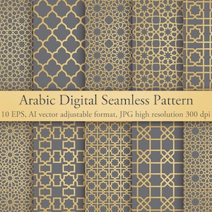 10 arabic seamless digital pattern. Arabian ornament bundle. JPG, Ai, EPS vector files. Digital oriental paper set. Arabesque pattern