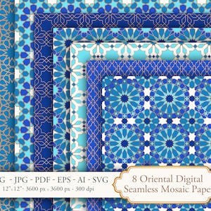 May include: A collection of eight digital seamless mosaic papers with intricate geometric patterns in shades of blue and white. The papers are 12" x 12" and feature various designs, including starburst and lattice motifs. The image includes the text "8 Oriental Digital Seamless Mosaic Paper."