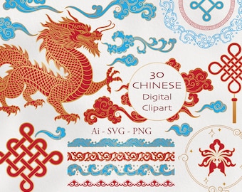 Op de afbeelding: Een verzameling van 30 Chinese digitale clipart-elementen in rood, goud en blauw. De afbeelding bevat een rode draak, wolkenontwerpen, decoratieve randen en andere traditionele Chinese symbolen. De tekst op de afbeelding luidt "30 Chinese Digital Clipart".