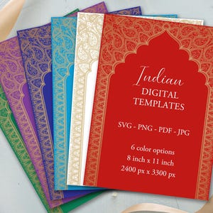 Könnte beinhalten: Sechs digitale Vorlagen in verschiedenen Farben, darunter Grün, Lila, Blau, Weiß und Rot. Jede Vorlage hat ein verziertes Golddesign. Die rote Vorlage zeigt den Text "Indian DIGITAL TEMPLATES" und die Maße 20 cm x 28 cm.