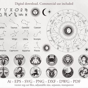 Zodiac Signs SVG Bundle. Horoscope & Astrology Clipart. Zodiac Wheel SVG. Zodiac Silhouette Cut Files. Mystic Celestial Design. Zodiac png