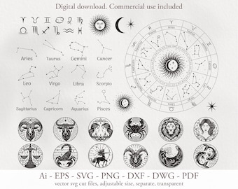 Zodiac Signs SVG Bundle: Horoscope Clipart, Zodiac Wheel (Digital Download)