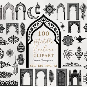 Könnte beinhalten: Eine Sammlung von 100 orientalischen Clipart-Elementen in Schwarz und Weiß. Das Bild zeigt verschiedene architektonische Designs, geometrische Muster und dekorative Motive, wie Bögen, Laternen und Sterne. Der Text "100 Middle Eastern Clipart" ist ebenfalls sichtbar.