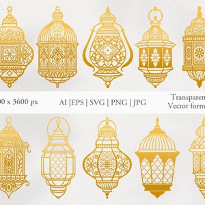 Lanterne marocchine clipart. Lampada marocchina. EPS, formato vettoriale SVG, PNG trasparente. Motivo arabo. Ornamento dorato arabo. Stampabile