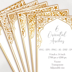 May include: A collection of six digital art prints featuring ornate gold oriental arch designs on a white background. The prints are 9 inches by 14 inches and include text that says "6 Oriental Arches". The image also lists file formats and technical details.