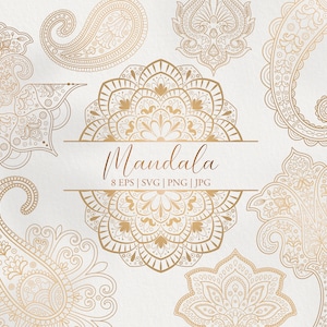 May include: A set of eight gold mandala and paisley design elements. The designs are intricate and detailed, with a traditional Indian style. The designs are perfect for use in crafting, scrapbooking, and other creative projects.