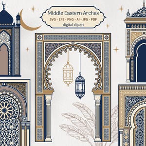 May include: Digital clipart featuring Middle Eastern arches in navy blue, gold, and beige. The image includes various arch designs, a crescent moon, and hanging lanterns. The text "Middle Eastern Arches" is displayed at the top.