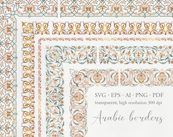 Oriental borders and corners. Arabian floral decorative frames. Indian, Moroccan, Persian ornament. SVG vector, PNG. Arabesque arabic design