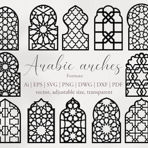 Lot de silhouettes d'arches arabes. Ornement arabe. Clipart numérique. Transparents Svg, Eps, Dxf, Png. Décoration de portes et fenêtres. Téléchargement instantané