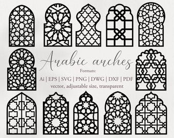 May include: Set of 12 black and white Arabic arch designs. The arches are intricate and detailed, with geometric patterns. The designs are perfect for use in crafts, home decor, and more.