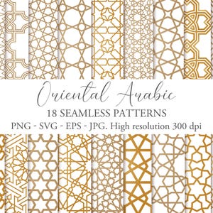 Motivi digitali senza soluzione di continuità arabi orientali. Pacchetto di ornamenti arabi. 18 png + eps vettoriali. Sfondo per design, inviti, matrimoni.
