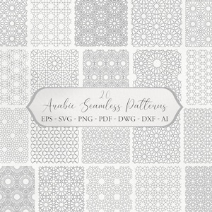 May include: Twenty grey and white Arabic seamless patterns are shown in a grid. The patterns feature geometric designs. The image includes the text "20 Arabic Seamless Patterns" and file type options.