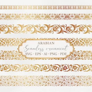 May include: Gold-colored Arabian seamless ornament designs on a white background. The image features several horizontal bands with intricate floral and geometric patterns. The text "ARABIAN Seamless ornament" is displayed in a decorative frame, along with file type information.