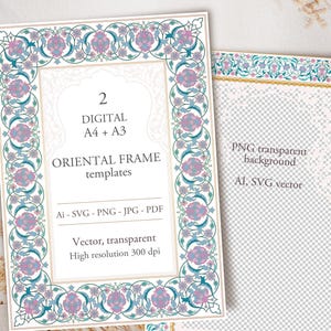 Könnte beinhalten: Zwei digitale orientalische Rahmenvorlagen mit floralen und geometrischen Designs in Türkis, Rosa und Gold. Die Rahmen sind mit "2 DIGITAL A4 + A3" beschriftet und enthalten Dateiformate wie AI, SVG, PNG, JPG und PDF.