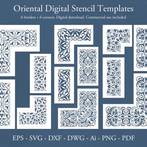 Modèle oriental sans couture Modèles de pochoirs numériques. Fichiers vectoriels SVG DXF. Bordure au pochoir, cadres arabesques d'angle. Découpe laser de silhouettes