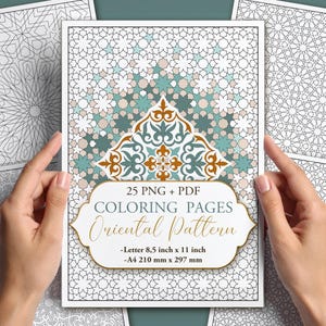 May include: A stack of coloring pages with an oriental pattern design. The cover features a decorative border with the text "25 PNG + PDF COLORING PAGES Oriental Pattern" and dimensions of 8.5 x 11 inches and A4 210 mm x 297 mm.
