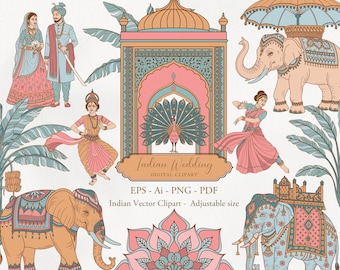 May include: Digital clipart featuring Indian wedding elements. The image includes illustrations of a couple in traditional attire, dancers, elephants, a peacock, and architectural details. The color palette consists of pink, blue, and orange.