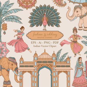 May include: Digital clipart set featuring Indian wedding elements. Includes illustrations of elephants, a peacock, dancers, a couple in traditional attire, and architectural details. The text reads "Indian Wedding Digital Clipart".