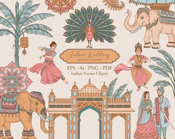 Puede incluir: Conjunto de imágenes prediseñadas digitales con temática de boda india. Incluye ilustraciones de elefantes, un pavo real, bailarines, una pareja con vestimenta tradicional y detalles arquitectónicos. El texto dice "Indian Wedding Digital Clipart".