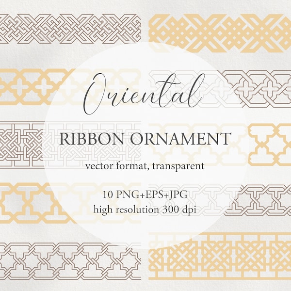Oriental Arabic ribbon ornament. Seamless vector borders bundle. Digital transparent clipart. 10 PNG + JPG + EPS  templates files