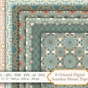 May include: A collection of eight digital seamless mosaic papers with detailed geometric patterns in teal, gold, and cream. The papers are 30.48 cm x 30.48 cm and feature oriental designs. The image includes the text "8 Oriental Digital Seamless Mosaic Paper".