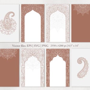 Modèles de cadre de mandala indien. Motifs arabes pour faire-part, cartes. Arche hindi. Couleur moka. Modèle arabe vectoriel SVG, EPS. Imprimable