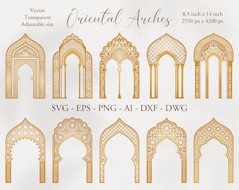 Oriental arabic digital arches. Indian, Moroccan borders bundle. Arabian frames SVG PNG. Set of arch silhouettes for prints