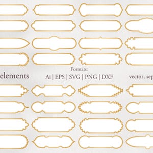 Puede incluir: Conjunto de 32 bordes de marco ornamentados dorados, perfectos para agregar un toque de elegancia a tus diseños. Estos marcos vectoriales están disponibles en formatos AI, EPS, SVG, PNG y DXF.