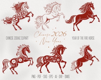 Chinese Zodiac Horse 2026 SVG. Lunar New Year Horses silhouette Clipart. Year of the Horse Cutting Files. Chinese New Year Design PNG