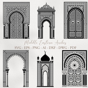 Puede incluir: Ilustraciones digitales en blanco y negro de arcos de Oriente Medio. Los diseños presentan patrones intrincados y detalles arquitectónicos, con puertas arqueadas y elementos decorativos. El texto "Middle Eastern Arches" se muestra debajo, junto con opciones de tipo de archivo.