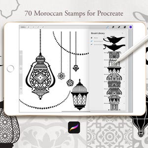 May include: A digital art design displayed on a tablet, featuring 70 Moroccan stamps for Procreate. The design includes black and white illustrations of lanterns and decorative elements, with a stylus resting on the screen.