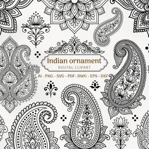 May include: A collection of black and white Indian ornament digital clipart featuring intricate paisley patterns, floral motifs, and mandalas. The central text reads Indian ornament DIGITAL CLIPART AI - PNG - SVG - PDF - DWG - EPS - DXF.