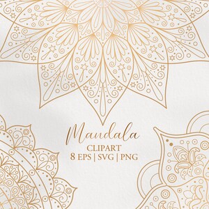 Könnte beinhalten: Goldene Mandala-Clipart mit filigranen Details. Das Design zeigt ein kreisförmiges Muster mit floralen Motiven und geometrischen Formen. Die Mandala ist auf einem weißen Hintergrund isoliert.