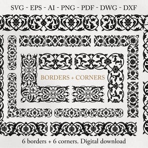 Könnte beinhalten: Eine digitale Sammlung schwarzer floraler Bordüren und Ecken mit verschlungenen Ranken und Blüten. Der Text SVG - EPS - AI - PNG - PDF - DWG - DXF steht oben, mit BORDERS + CORNERS und 6 borders + 6 corners. Digital download am unteren Rand.