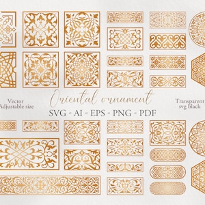 以下が含まれることがあります： 正方形、長方形、円、六角形など、さまざまな形状の金色のベクターベースのオリエンタルオーナメントのコレクション。画像には「Oriental ornament」というテキストと、ファイルタイプのオプション（SVG、AI、EPS、PNG、PDF）が含まれています。