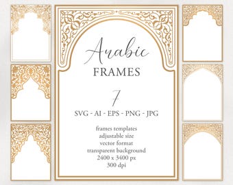Könnte beinhalten: Set mit 7 goldenen arabischen Rahmen mit filigranen Designs. Die Rahmen sind im Vektorformat und haben eine Größe von 2400 x 3400 Pixel. Sie sind perfekt, um Ihren Designs einen Hauch von Eleganz zu verleihen.