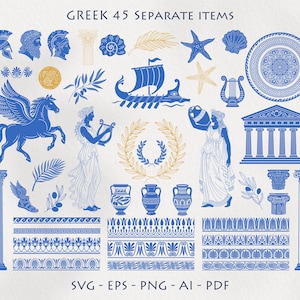 May include: A set of 45 separate Greek illustrations in blue and gold. The image features a winged horse, Greek figures, a ship, columns, decorative borders, and other classical elements. The text "GREEK 45 SEPARATE ITEMS" is at the top.