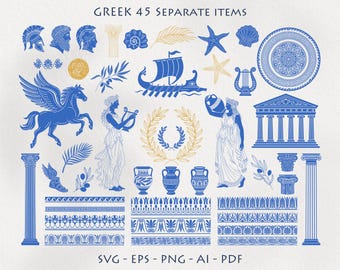 Greece Mediterranean Hand Drawn Clipart SVG, PNG, Ornament Frame, Ancient Greek Border, Decorative Bundle, Meander pattern. Printable design