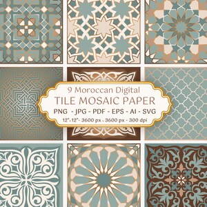Puede incluir: Una colección de nueve patrones de mosaico de azulejos digitales en tonos verde azulado, marrón y crema. Una etiqueta central dice 9 Moroccan Digital TILE MOSAIC PAPER PNG - JPG - PDF - EPS - AI - SVG 12"x12"- 3600 px x 3600 px - 300 dpi.