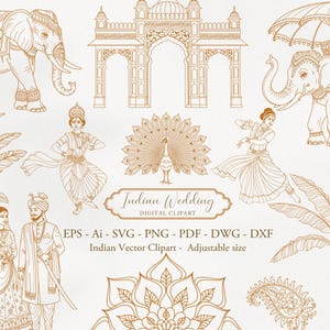 May include: Digital clipart set featuring Indian wedding elements. Includes illustrations of elephants, dancers, architectural structures, and a peacock. The text "Indian Wedding DIGITAL CLIPART" is displayed in a decorative banner. File formats include EPS, SVG, PNG, PDF, DWG, and DXF.
